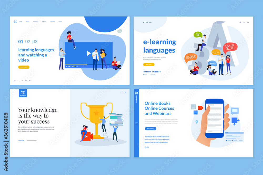 Web page design templates of distance education, e-learning, video tutorials, foreign language courses, e-book, online training and courses. Vector illustration concepts for website development. 