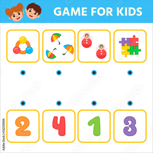 Education logic game for preschool kids. How many objects task, Puzzle. lotto. Learning mathematics, numbers. Kids activity worksheet.