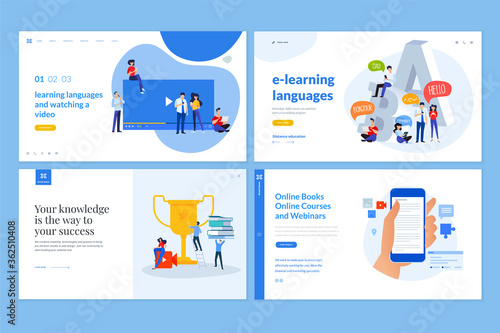 Web page design templates of distance education, e-learning, video tutorials, foreign language courses, e-book, online training and courses. Vector illustration concepts for website development. 