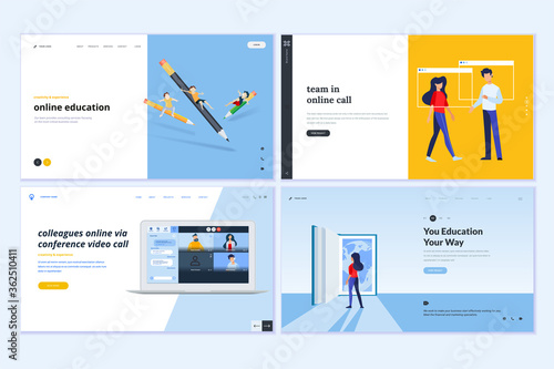 Web page design templates of video call and meeting, education, online communication. Vector illustration concepts for website development. 