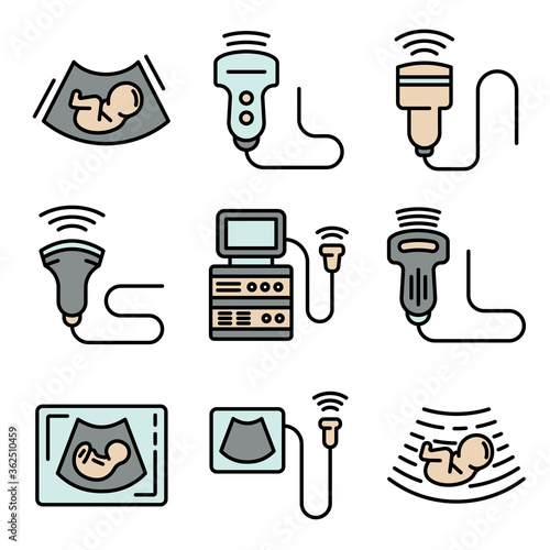 Ultrasound icons set. Outline set of ultrasound vector icons thin line color flat on white