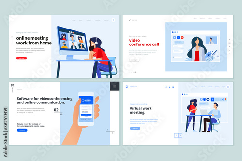 Web page design templates of video calling app, online communication, video conferencing . Vector illustration concepts for website development. 
