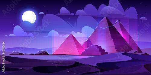 Egypt pyramids in night desert, egyptian pharaoh tomb complex in Giza plateau illuminated with bright mystic light under starry sky. cartoon vector ancient famous historical touristic african landmark
