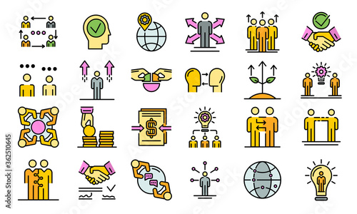 Business cooperation icons set. Outline set of business cooperation vector icons thin line color flat on white