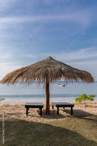 Beach Umbrella and Sunbed  Koh Mak Beach  Koh Mak island  Thailand.