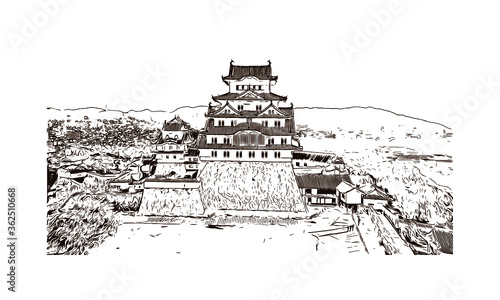 Building view with landmark of Himeji Castle is a hilltop Japanese castle complex situated in the city of Himeji. Hand drawn sketch illustration in vector.