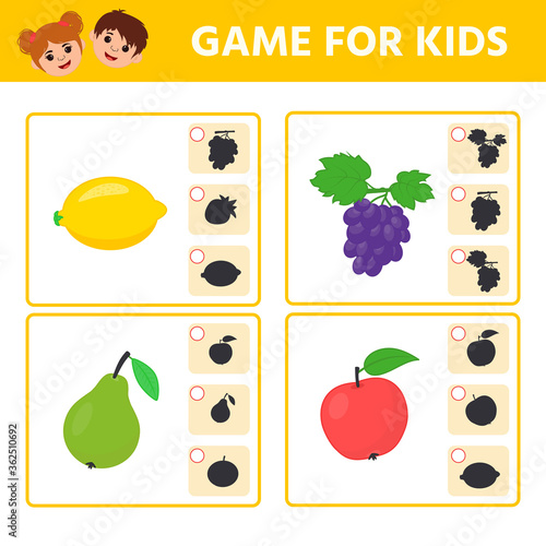 Educational worksheet for children. Game for Kids. Find matching item and shadow. Worksheet for kids learning forms. Logic puzzle game. Vector illustration
