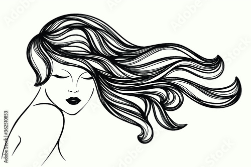 Hair salon and beauty studio logo.Beautiful woman with long, wavy hairstyle and elegant makeup.Cosmetics and spa icon.Young lady portrait.