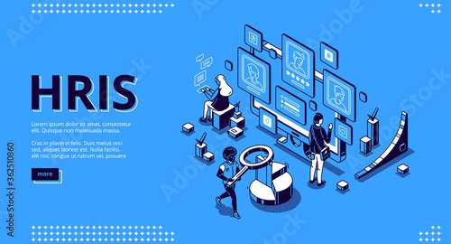 Hris isometric landing page. Human resources information system IT and HR technologies, people at multiple screens with software for employees organization and store data 3d vector line art web banner