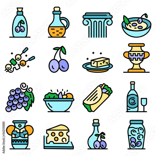 Greek cuisine icons set. Outline set of Greek cuisine vector icons thin line color flat on white