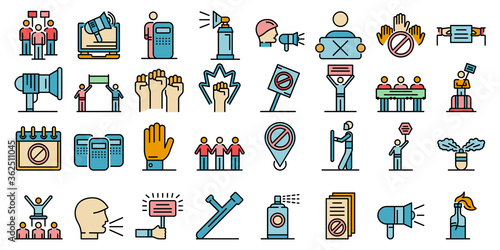 Protest icons set. Outline set of protest vector icons thin line color flat on white