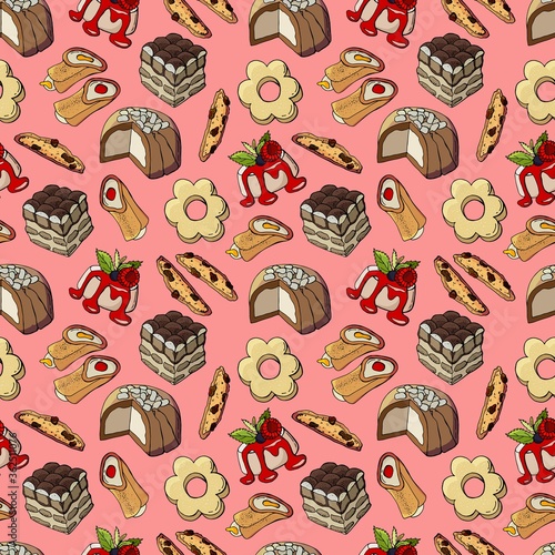 Seamless pattern of italian desserts. Canestrelli, Cannoli, Panna Cotta, Tiramisu, Zuccotto, Biscotti. For the design of cafe, restaurant, wallpaper, wrapping paper, packaging.