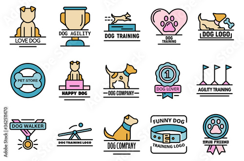 Dog training icons set. Outline set of dog training vector icons thin line color flat on white