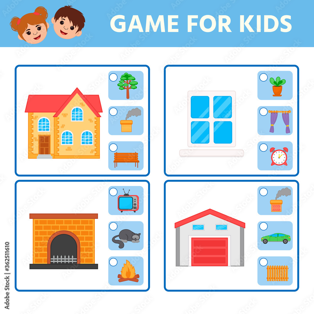 Fototapeta premium Educational worksheet for children. Game for Kids. Find matching item. Activity Worksheet for kids learning forms. Logic puzzle game. Vector illustration
