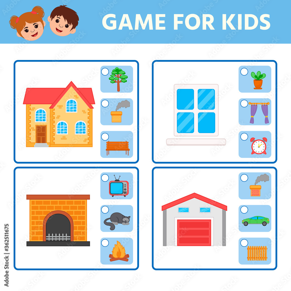 Educational worksheet for children. Game for Kids. Find matching item. Activity  Worksheet for kids learning forms. Logic puzzle game. Vector illustration