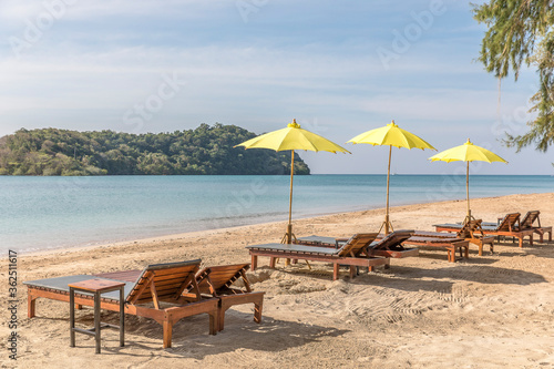 Beach Umbrella and Sunbed, Koh Mak Beach, Koh Mak island, Thailand. © MuratTegmen