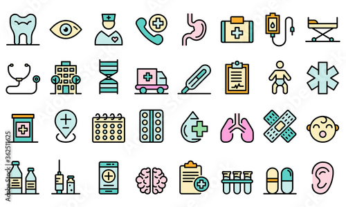Pediatric clinic icons set. Outline set of pediatric clinic vector icons thin line color flat on white