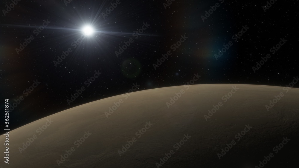 science fiction wallpaper, cosmic landscape, realistic exoplanet, beautiful alien planet in far space, detailed planet surface 3d render