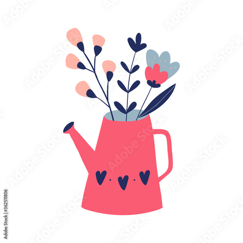 Watering can with a bouquet of flowers. Vector flat illustration isolated on a white background. Doodle  illustration with cute hand drawn flowers. Postcard, poster, decor.