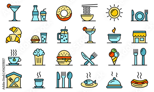 Food courts icons set. Outline set of food courts vector icons thin line color flat on white