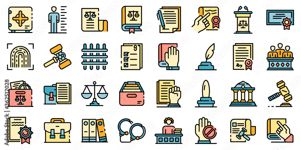Legislation icons set. Outline set of legislation vector icons thin line color flat on white Legislation icons set. Outline set of legislation vector icons thin line color flat on white