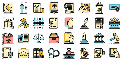 Legislation icons set. Outline set of legislation vector icons thin line color flat on white photo