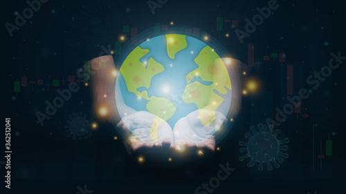 The black-shirted man who used the hand to support the world that was attacked by an epidemic. With a graph of stocks that are falling heavily and twinkling in the background