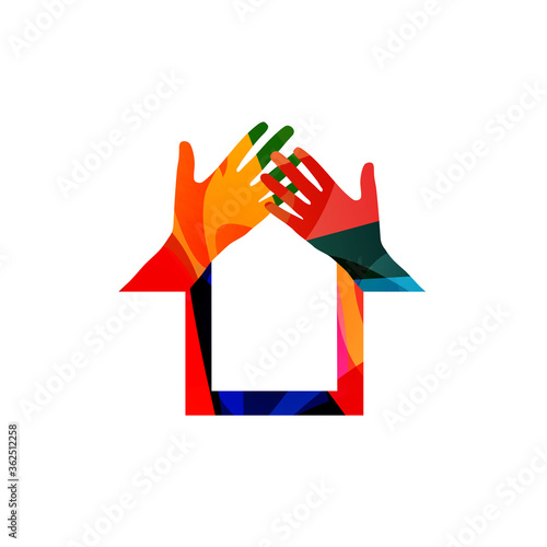 Home, family concept, house insurance, property protection vector illustration. Colorful hands building a house