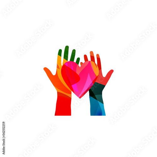 Colorful human hands raised and isolated vector illustration. Charity and help, volunteerism, social care and community support concepts