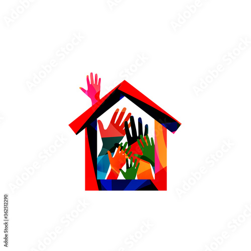 Home, family concept, house insurance, property protection vector illustration. Colorful hands building a house