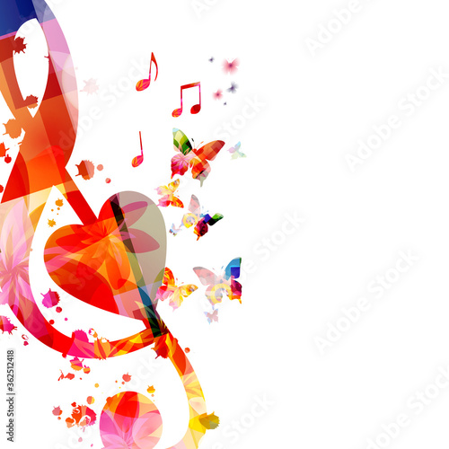 Colorful music promotional poster with G-clef and musical notes isolated vector illustration. Artistic background with musical symbols for music festivals and shows, live concert events, party flyer