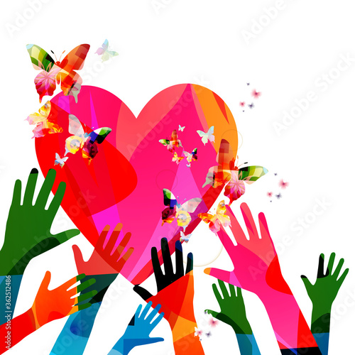 Colorful human hands raised and isolated vector illustration. Charity and help, volunteerism, social care and community support concepts