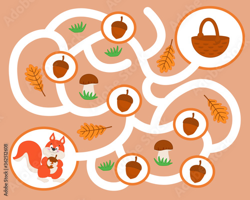 Vector maze game for preschool children. Learn count. Help the squirrel collect nuts in a basket. Logic puzzle game. Activity  Worksheet for kids learning forms