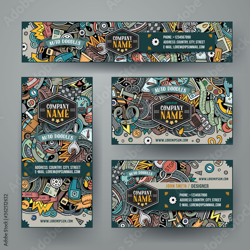 Corporate Identity vector templates set with doodles Automotive theme