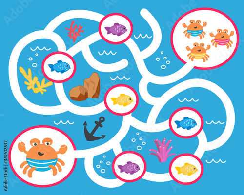 Vector maze game for children. Help the crab collect the fish and get to the crab. Logic puzzle game. Activity Worksheet for kids learning forms