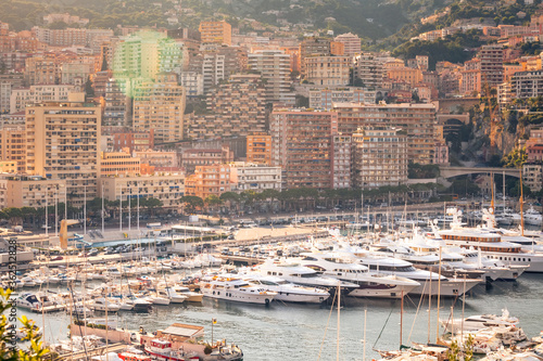  View to city centre and beautiful marina packed with expensive yachts at sunset  Monaco