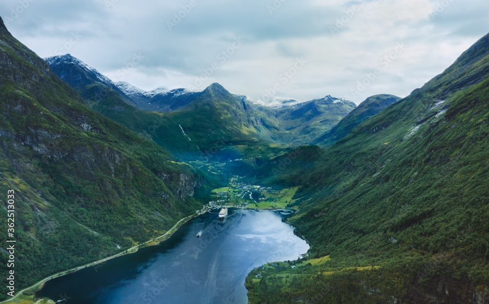 Geiranger fjord aerial view mountains landscape in Norway ships sailing travel scenery famous natural landmarks summer season