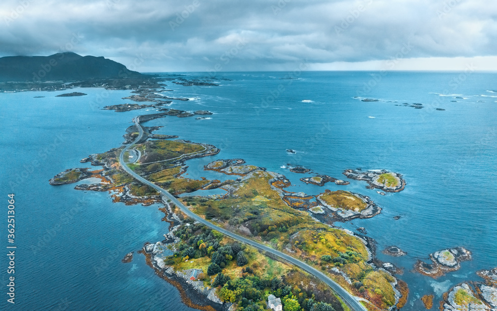 Aerial view Atlantic ocean road in Norway travel drone landscape stormy sky nature moody weather scandinavian landmarks destinations from above