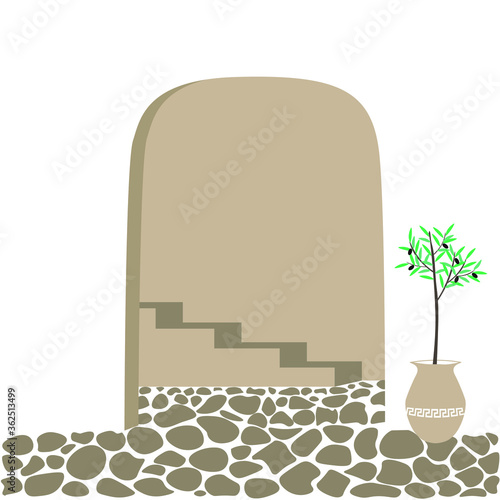 Mediterranean architecture represented by house with white walls, stone floor, stairs and olive tree