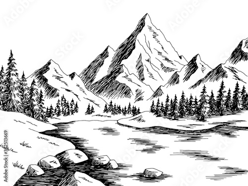Mountain lake graphic black white landscape sketch illustration vector