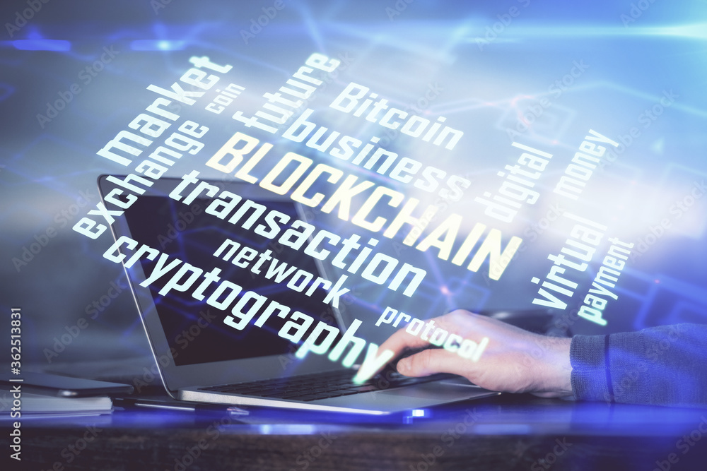 Blockchain theme hud with businessman working on computer on background. Concept of crypto chain. Double exposure. Blockchain theme hud with businessman working on computer on background. Concept of crypto chain. Double exposure.