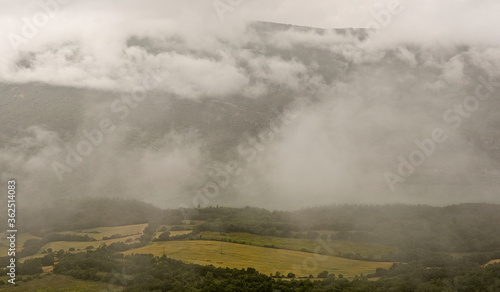 Meadow between mountains covered by dense fog