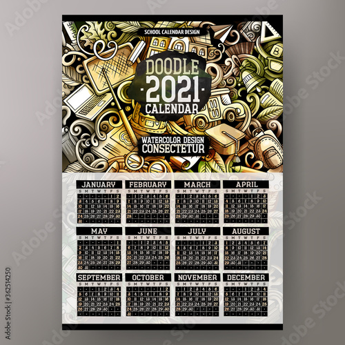 Cartoon colorful hand drawn doodles School 2021 year calendar