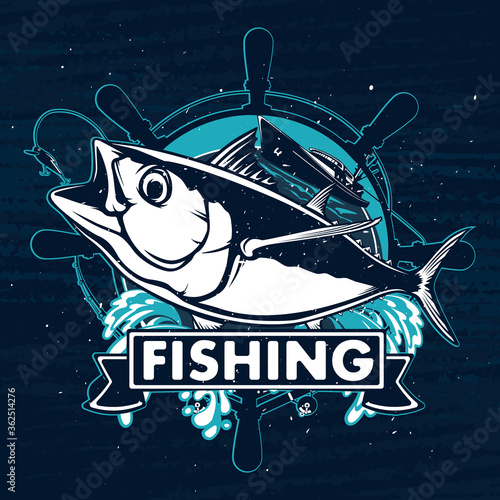 Tuna big fishing on white logo illustration. Vector illustration can be used for creating logo and emblem for fishing clubs, prints, web and other crafts.