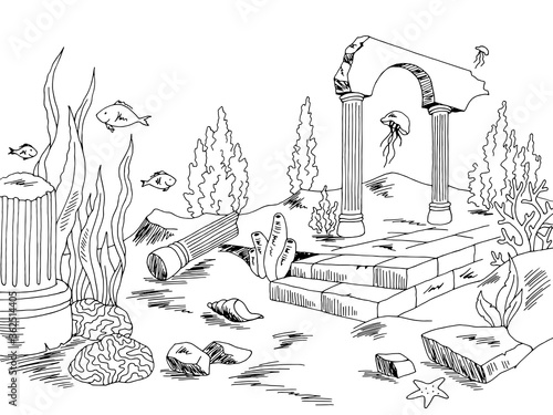 Underwater ruin graphic sea black white sketch illustration vector