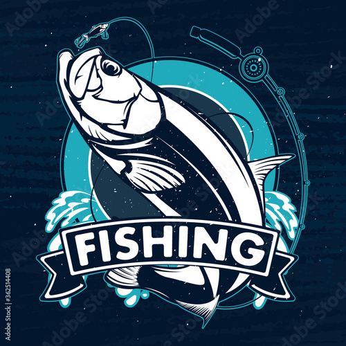 Tarpon fishing emblem. Fishing logo of tarpon. Sports club theme. Fisherman rod lure.