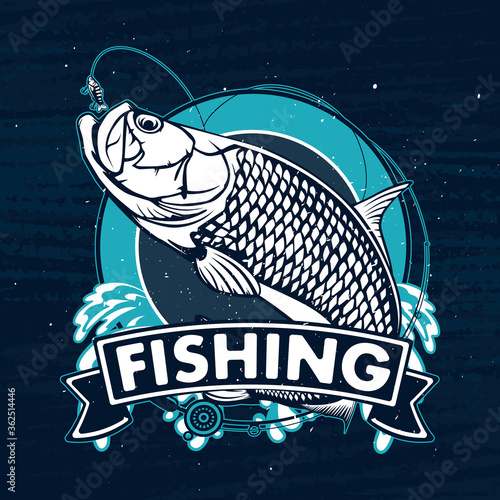 Tarpon fishing emblem. Fishing logo of tarpon. Sports club theme. Fisherman rod lure.