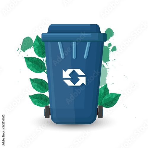 Blue trash can with lid and ecology sign. Green leaves on background