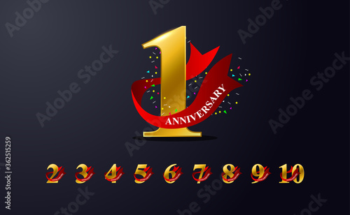 1st Anniversary Celebration Emblem Design. Golden Colour For Celebration, Certificate, Invitation Card, And Greeting Card For Wedding Anniversary. Vector Illustration