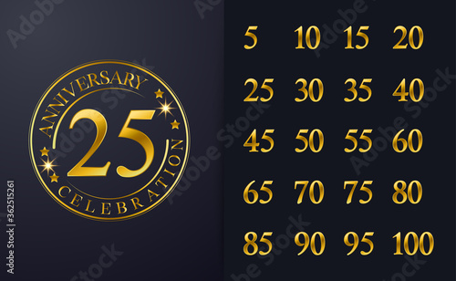 Vintage 25th Anniversary Inspiration. Golden Line Colour Celebration Emblem Design. For Celebration, Invitation Card, And Greeting Card For Wedding Anniversary